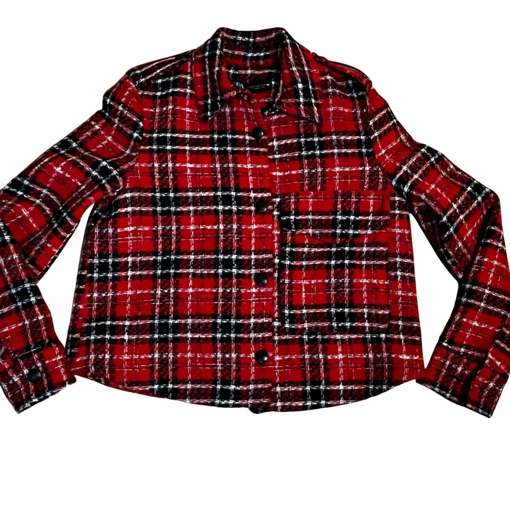 NWT Zara Red Plaid Tweed Cropped Jacket Shacket S Red Black White Dark Academia